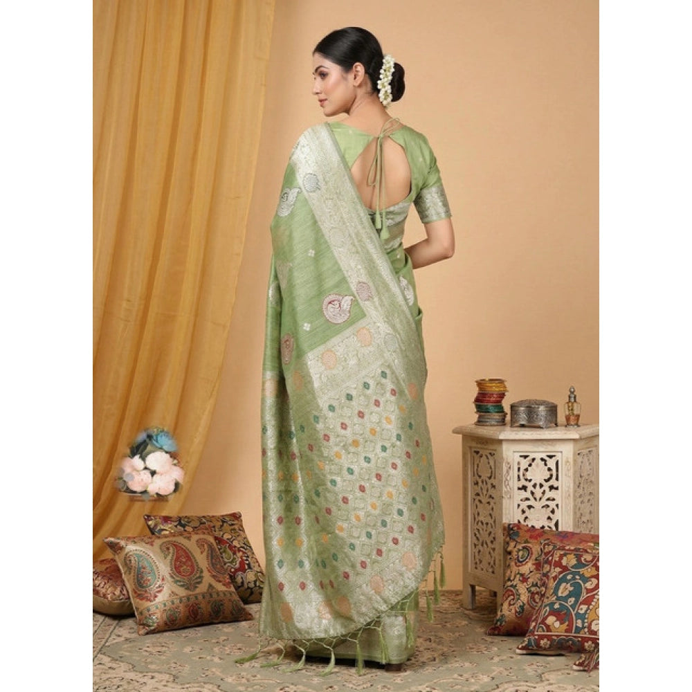 Generic Women's Linen Cotton Printed Saree With Unstitched Blouse 5.5Mtr (Light Green)