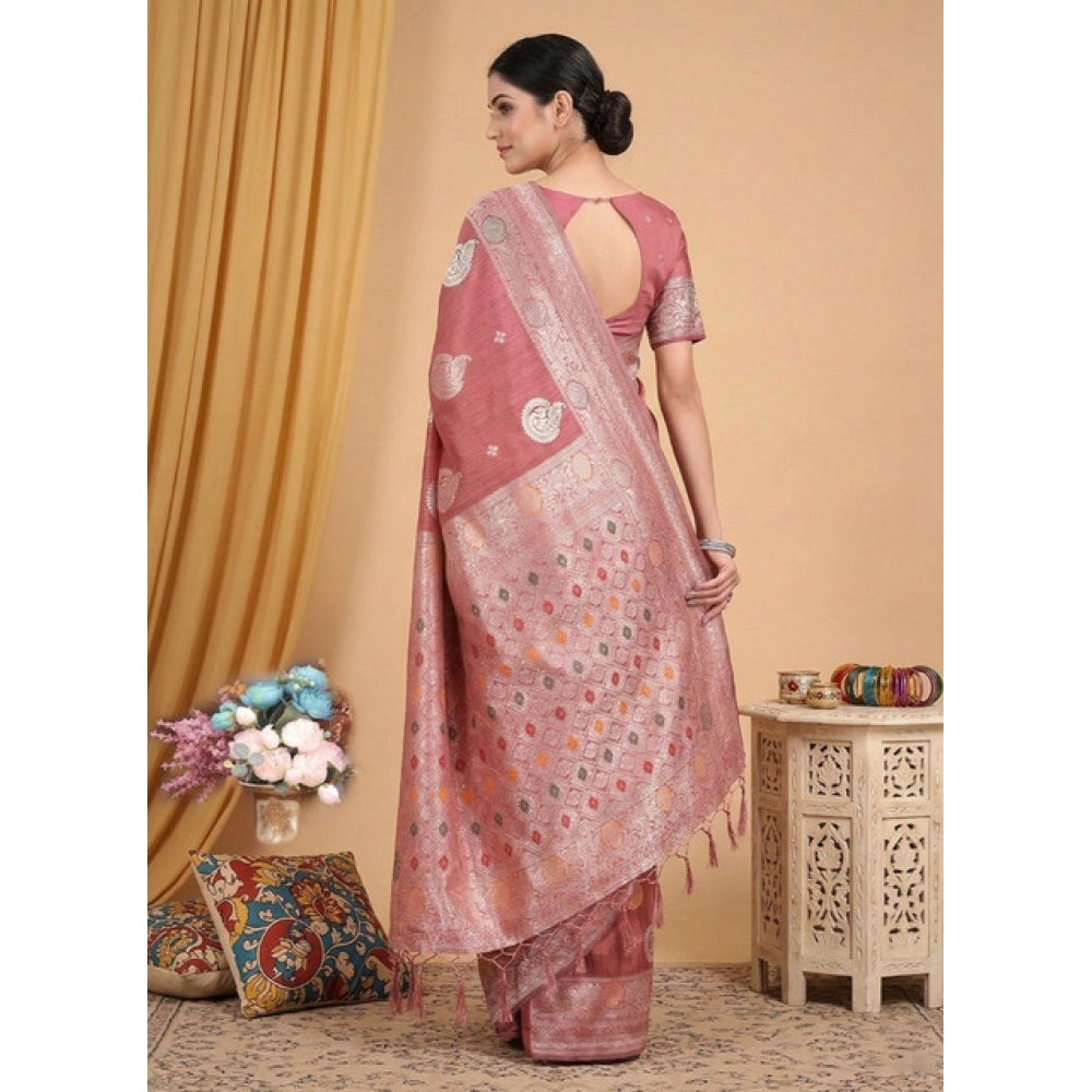 Generic Women's Linen Cotton Printed Saree With Unstitched Blouse 5.5Mtr (Pink)