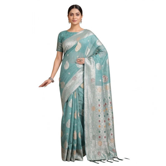Generic Women's Linen Cotton Printed Saree With Unstitched Blouse 5.5Mtr (Sea Green)