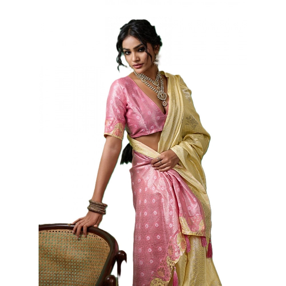 Generic Women's Linen Cotton Printed Saree With Unstitched Blouse 5.5Mtr (Yellow )