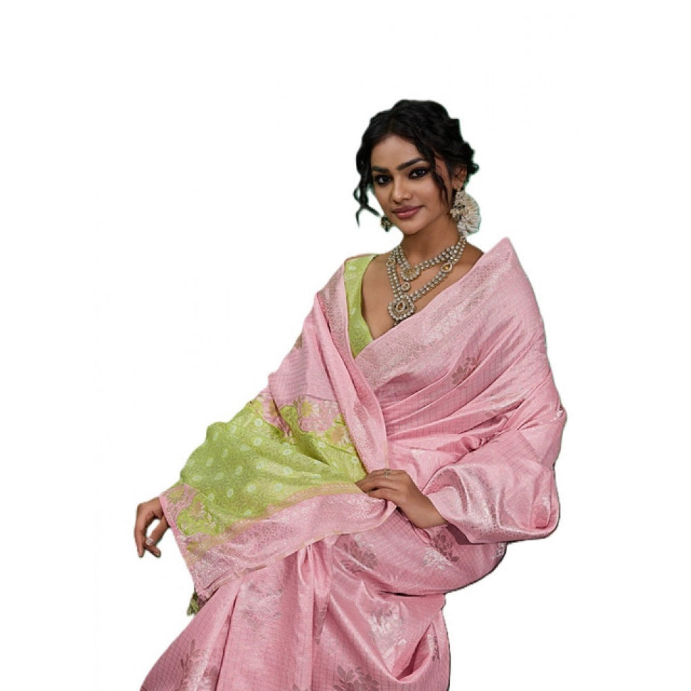 Generic Women's Linen Cotton Printed Saree With Unstitched Blouse 5.5Mtr (Pink)