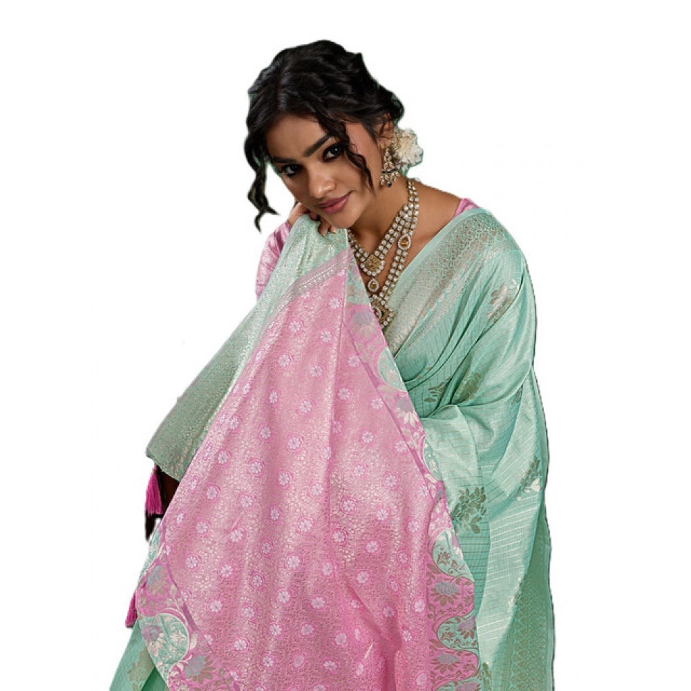 Generic Women's Linen Cotton Printed Saree With Unstitched Blouse 5.5Mtr (Sea Green)