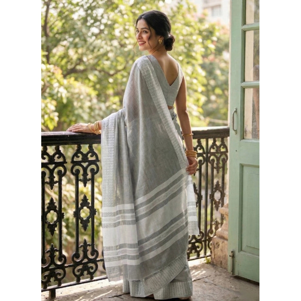 Generic Women's Linen Striped Saree With Unstitched Blouse 5.5Mtr (Gray)
