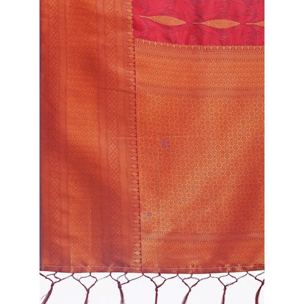 Generic Women's Banarasi Silk Printed Saree With Unstitched Blouse 5.5Mtr (Maroon)