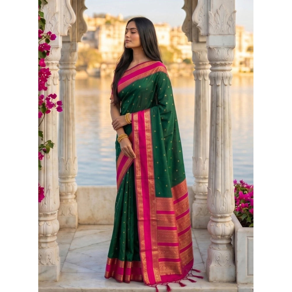 Generic Women's Silk Blend Printed Saree With Unstitched Blouse 5.5Mtr (Dark Green-Pink)