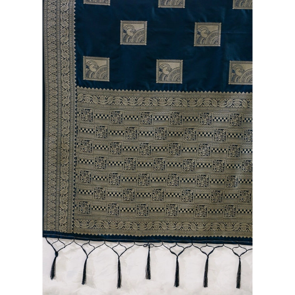 Generic Women's Silk Blend Printed Saree With Unstitched Blouse 5.5Mtr (Teal Blue)