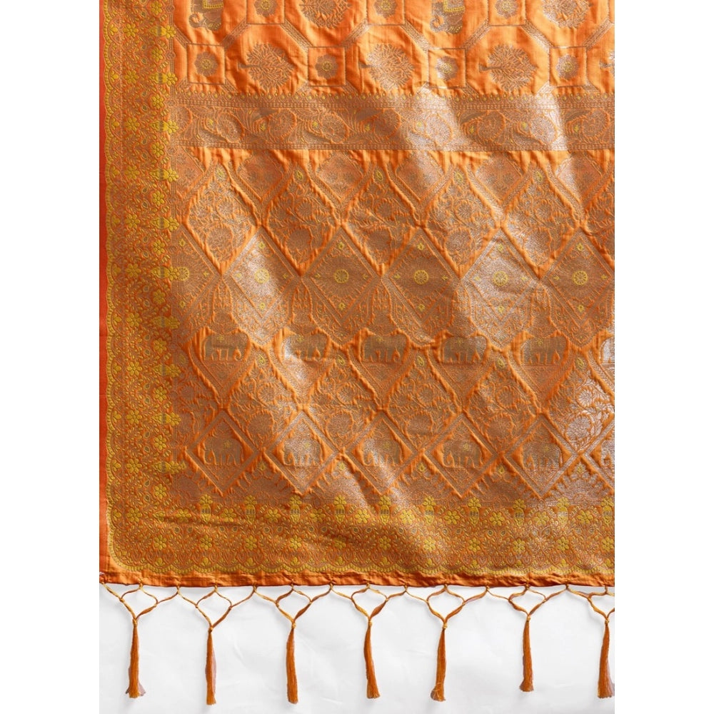 Generic Women's Silk Blend Printed Saree With Unstitched Blouse 5.5Mtr (Orange)