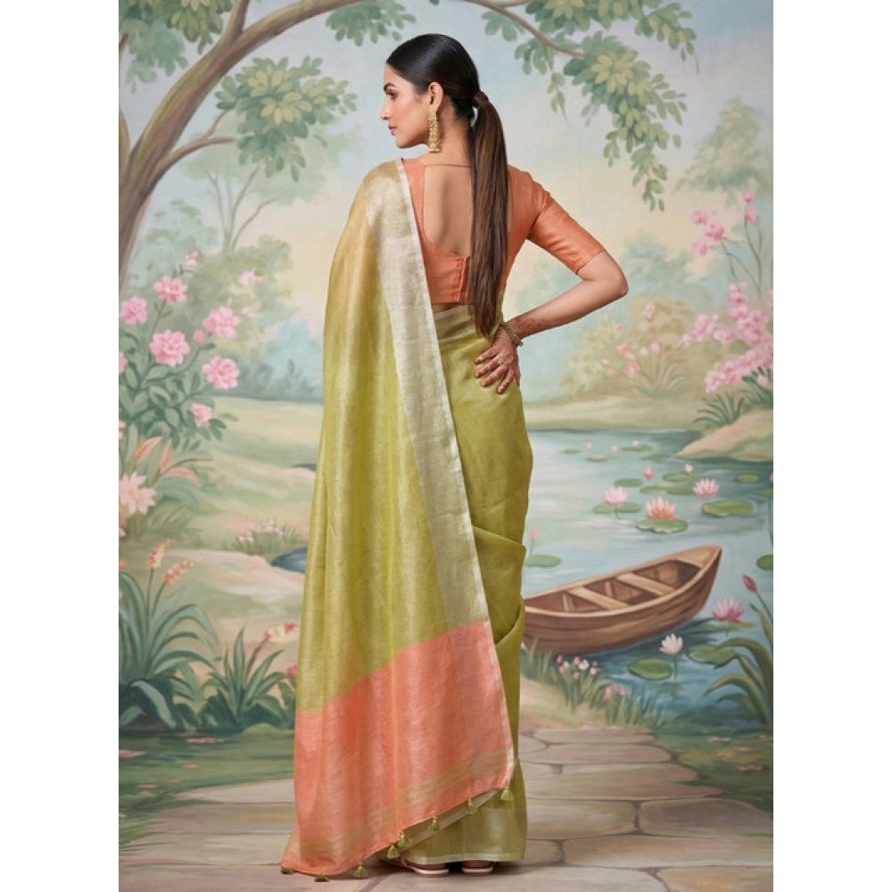 Generic Women's Tissue Silk Solid Saree With Unstitched Blouse 5.5Mtr (Green)