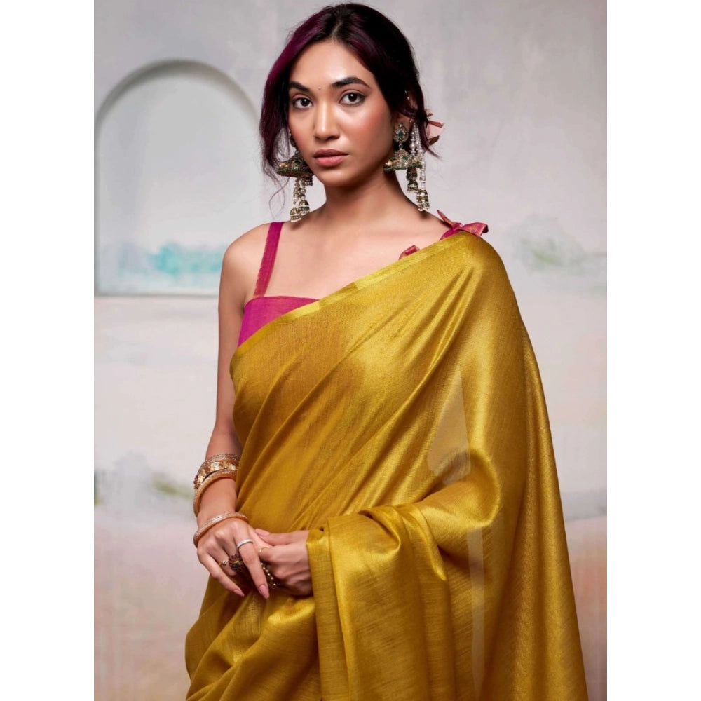 Generic Women's Tissue Silk Solid Saree With Unstitched Blouse 5.5Mtr (Yellow)