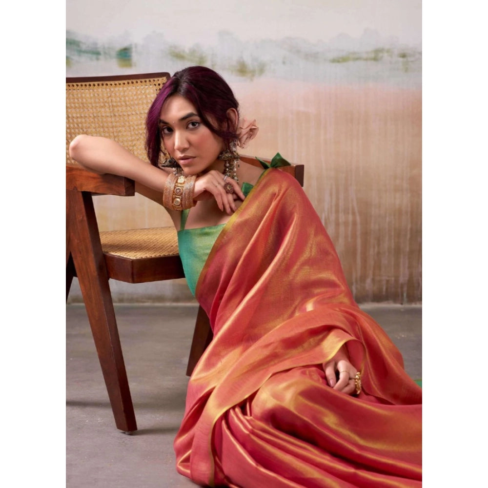 Generic Women's Tissue Silk Solid Saree With Unstitched Blouse 5.5Mtr (Peach)