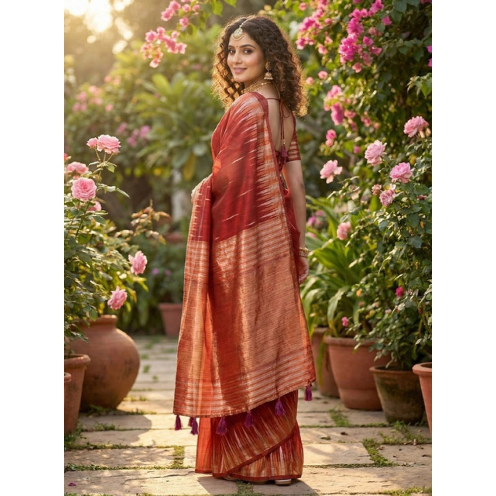Generic Women's Linen Cotton Printed Saree With Unstitched Blouse 5.5Mtr (Red)