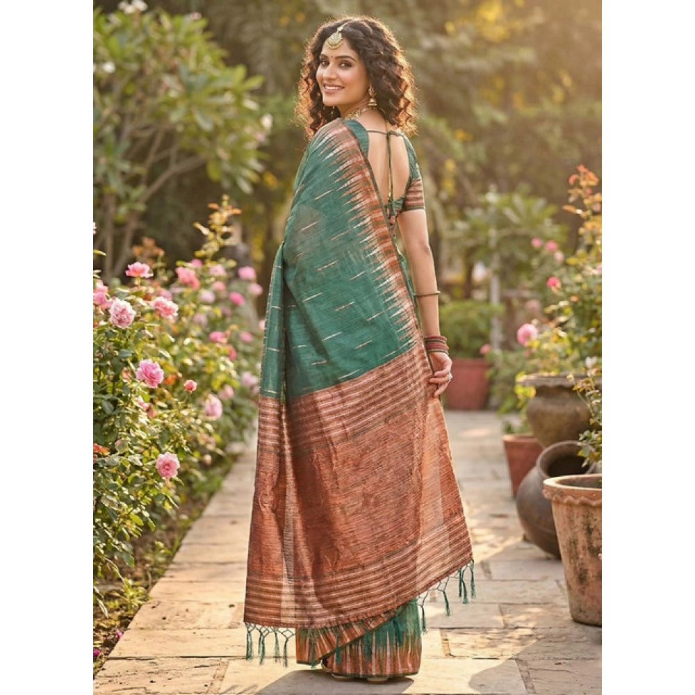Generic Women's Linen Cotton Printed Saree With Unstitched Blouse 5.5Mtr (Green)