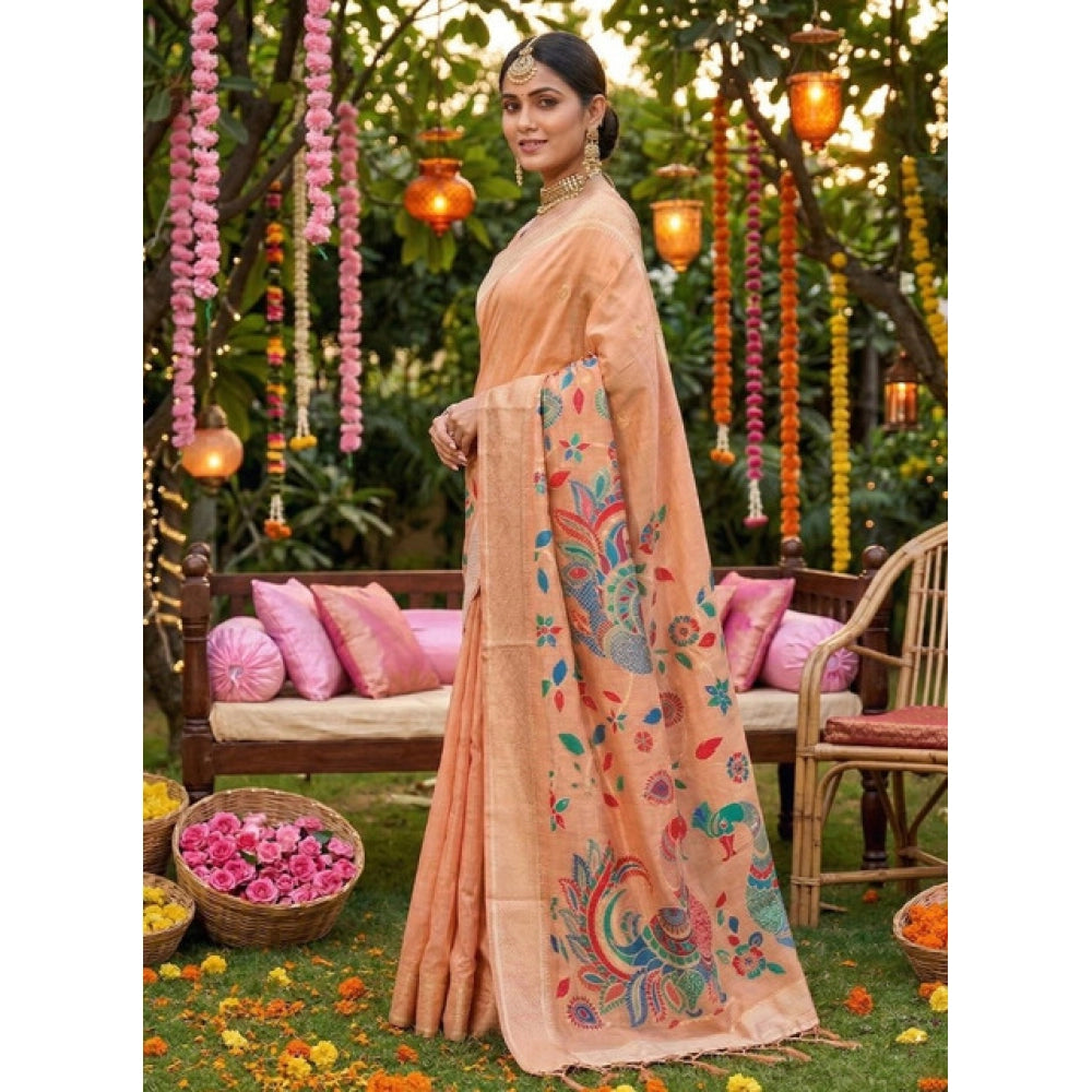 Generic Women's Linen Cotton Floral Embroidered Saree With Unstitched Blouse 5.5Mtr (Peach)