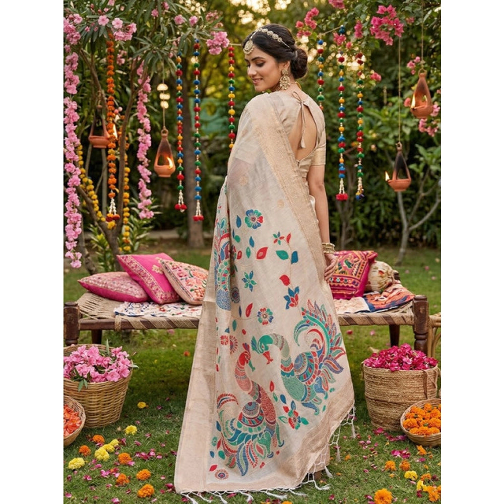 Generic Women's Linen Cotton Floral Embroidered Saree With Unstitched Blouse 5.5Mtr (Cream)