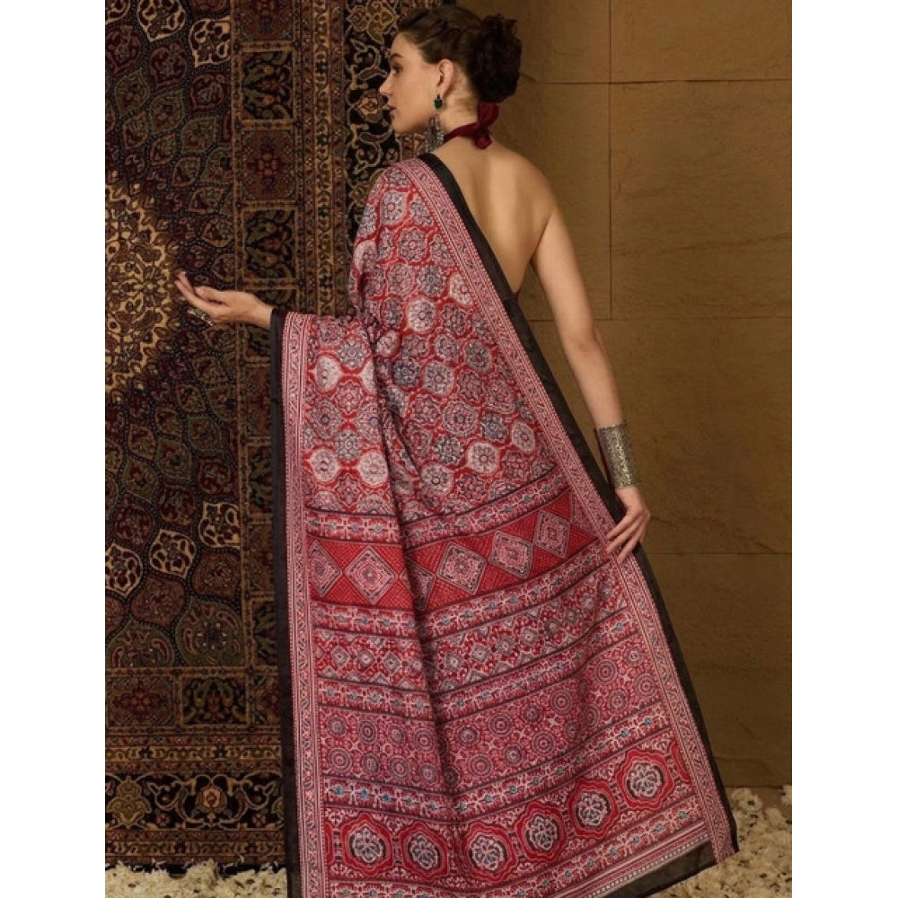 Generic Women's Crepe Printed Saree With Unstitched Blouse 5.5Mtr (Maroon)