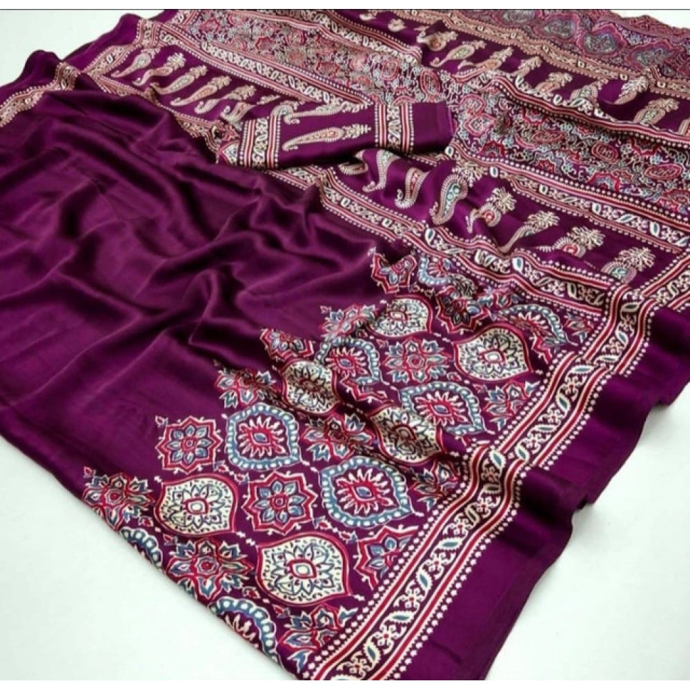 Generic Women's Crepe Printed Saree With Unstitched Blouse 5.5Mtr (Wine)
