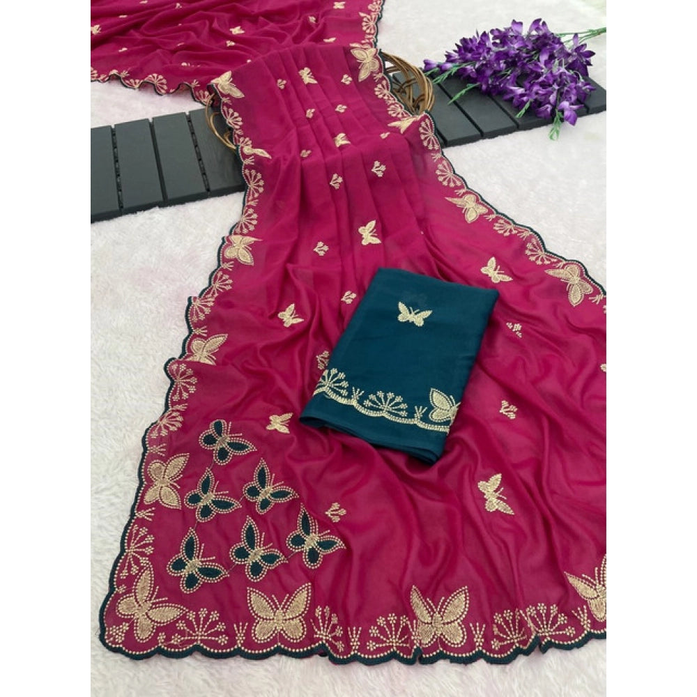 Generic Women's Star Georgette Embellished Saree With Unstitched Blouse 5.5Mtr (Magenta-Green)