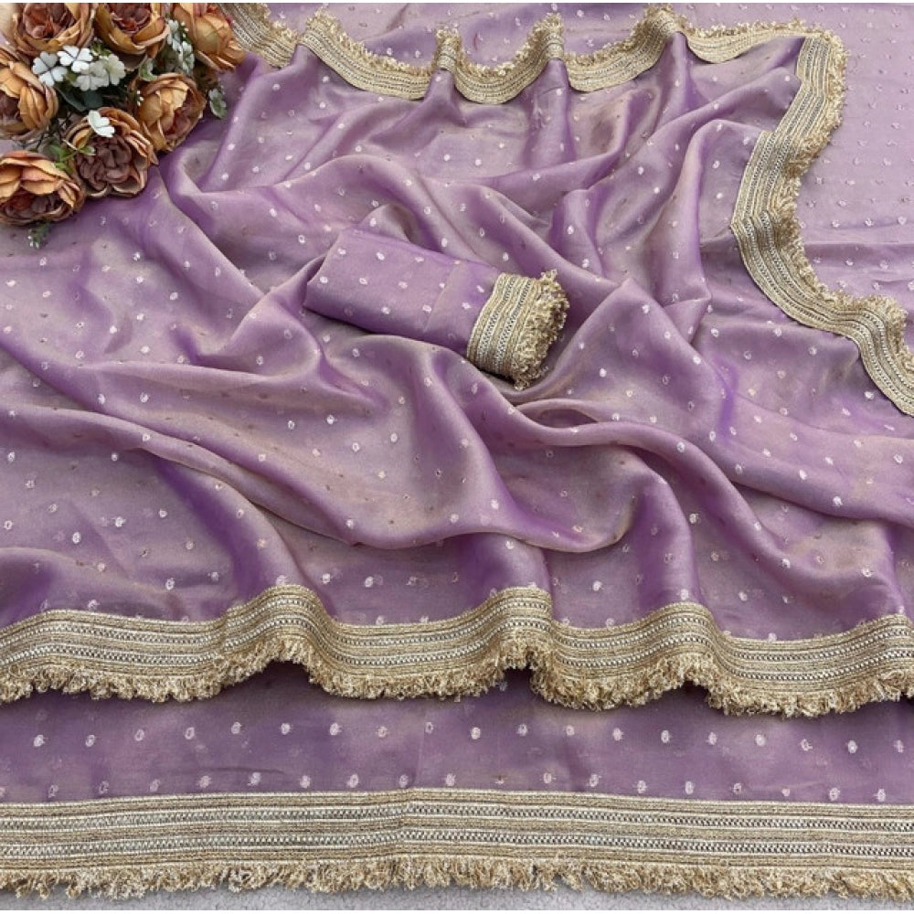 Generic Women's Silk Embellished Saree With Unstitched Blouse 5.5Mtr (Lavender)