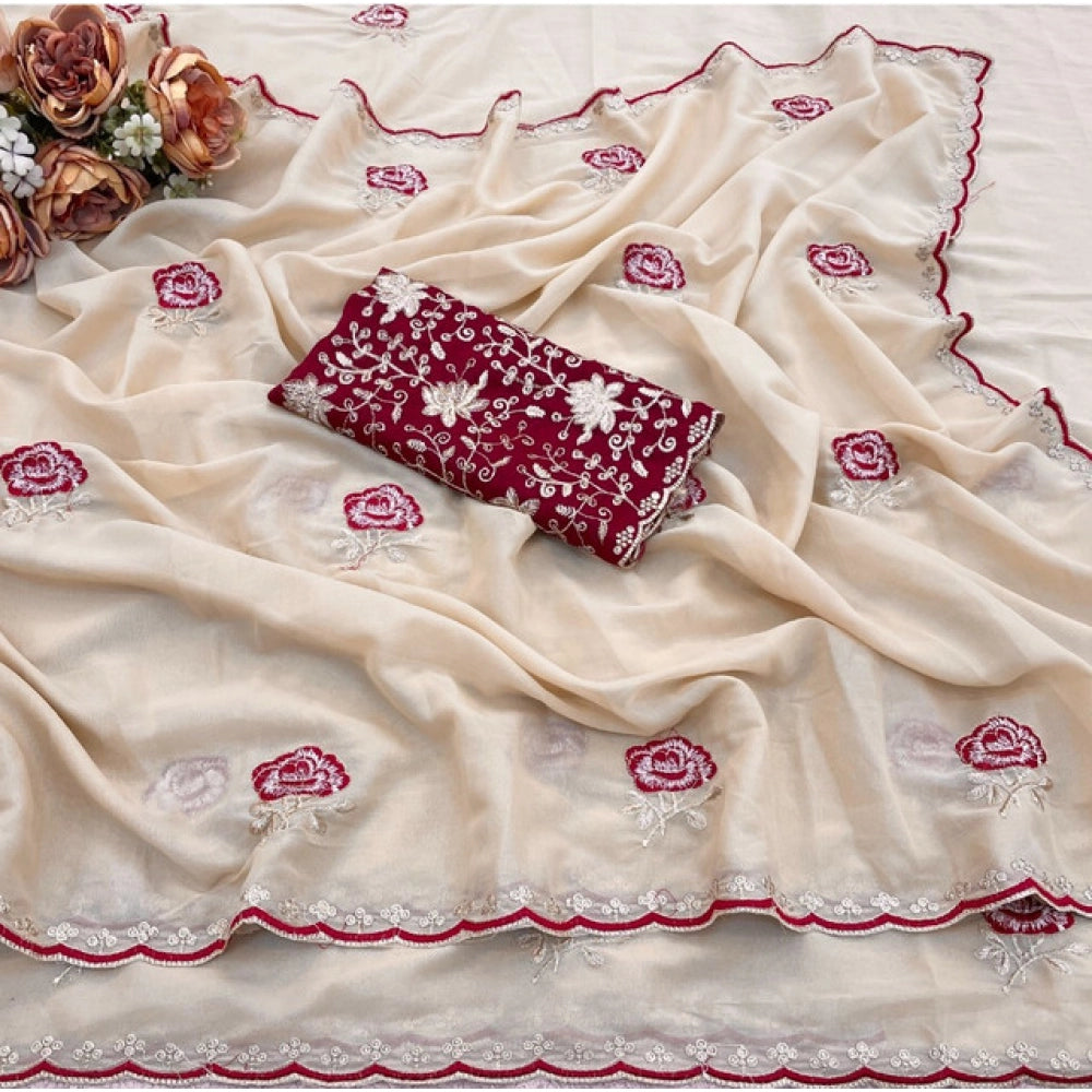 Generic Women's Star Georgette Embroidered Saree With Unstitched Blouse 5.5Mtr (Cream)