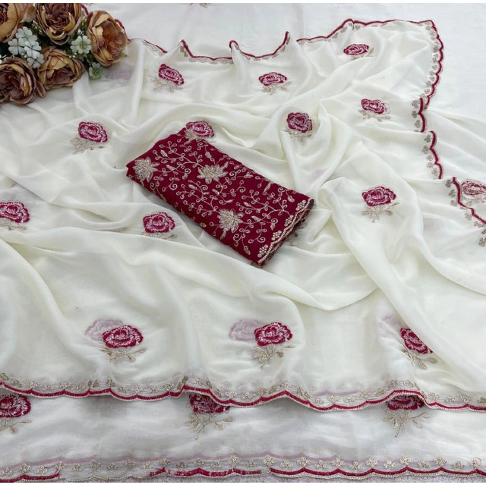 Generic Women's Star Georgette Embroidered Saree With Unstitched Blouse 5.5Mtr (White)