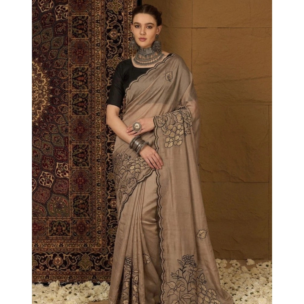 Generic Women's Viscose Silk Embroidered Saree With Unstitched Blouse 5.5Mtr (Brown)