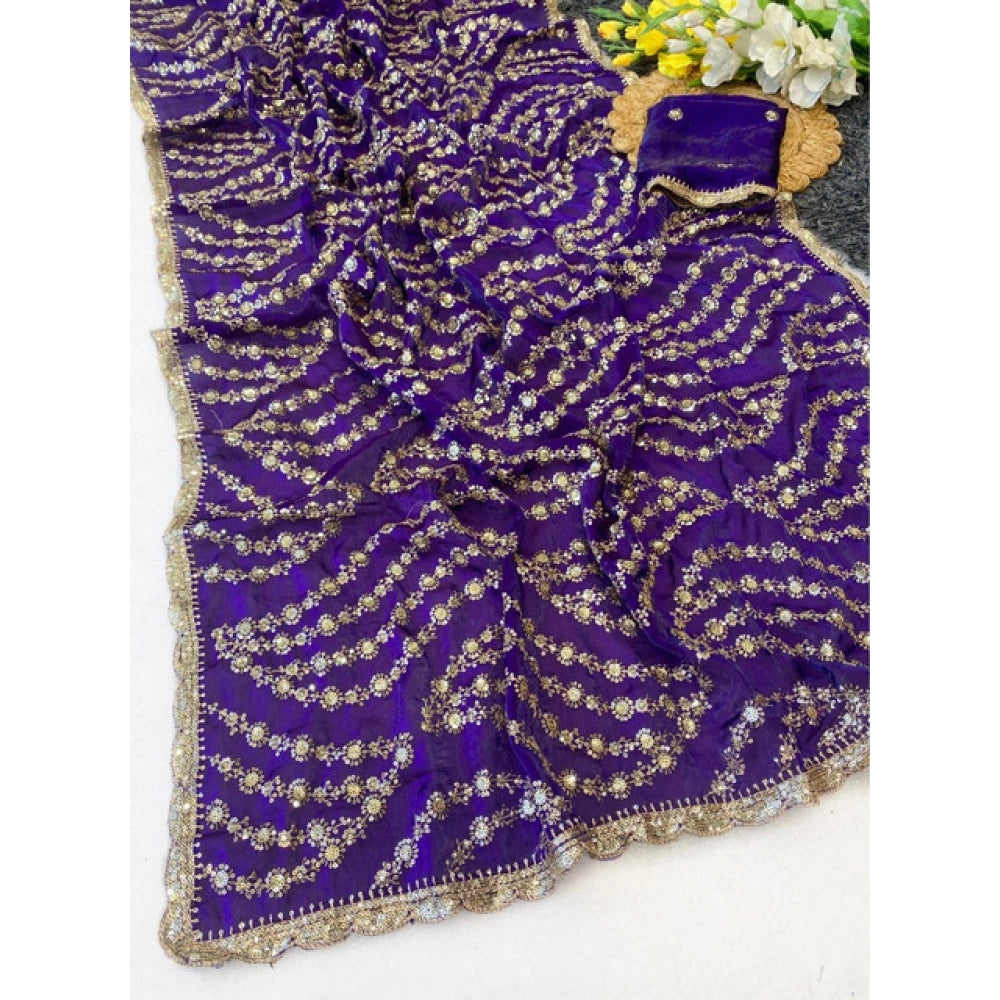 Generic Women's Satin Embellished Saree With Unstitched Blouse 5.5Mtr (Purple)