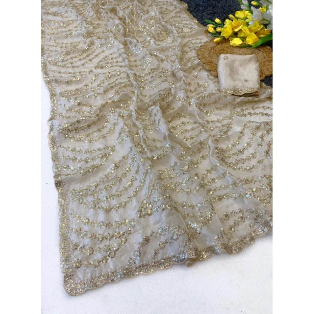 Generic Women's Satin Embellished Saree With Unstitched Blouse 5.5Mtr (Cream)