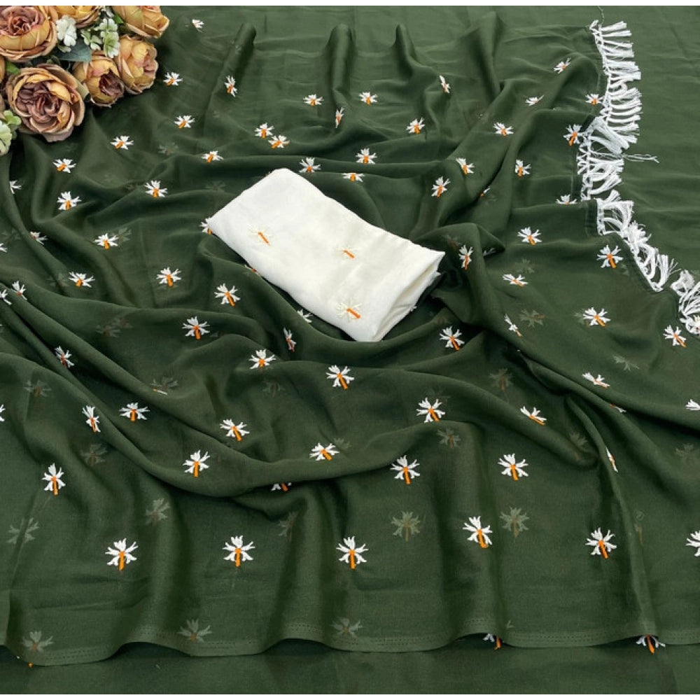 Generic Women's Georgette Embellished Saree With Unstitched Blouse 5.5Mtr (Green)