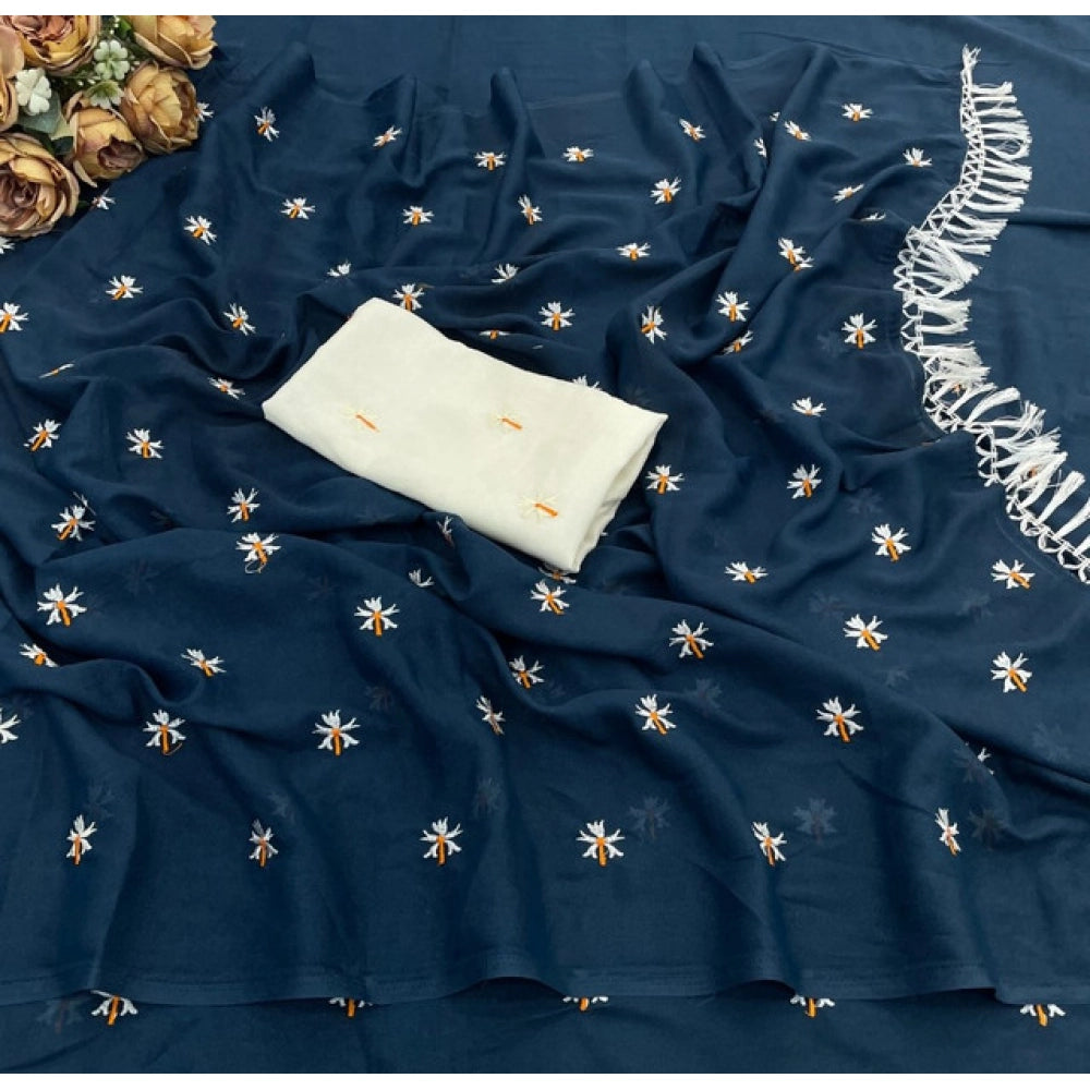 Generic Women's Georgette Embellished Saree With Unstitched Blouse 5.5Mtr (Navy)