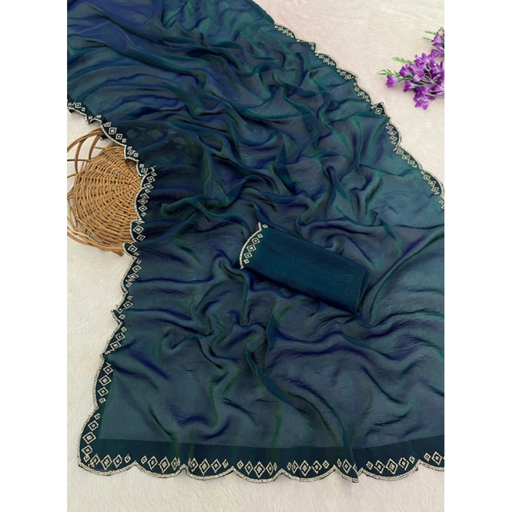 Generic Women's Satin Embellished Saree With Unstitched Blouse 5.5Mtr (Bottle Green)
