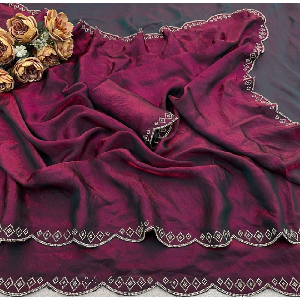 Generic Women's Satin Embellished Saree With Unstitched Blouse 5.5Mtr (Burgundy)
