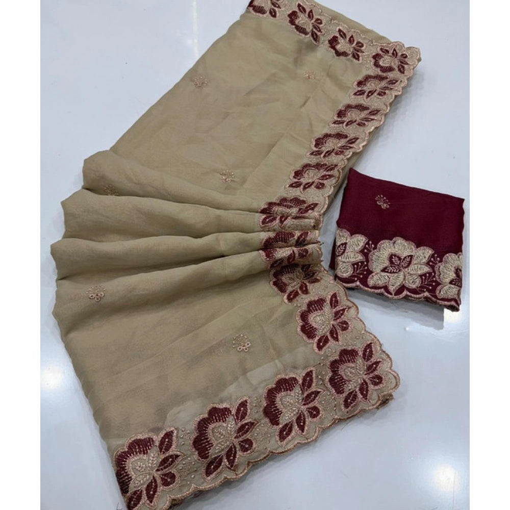 Generic Women's Star Georgette Embroidered Saree With Unstitched Blouse 5.5Mtr (Beige)