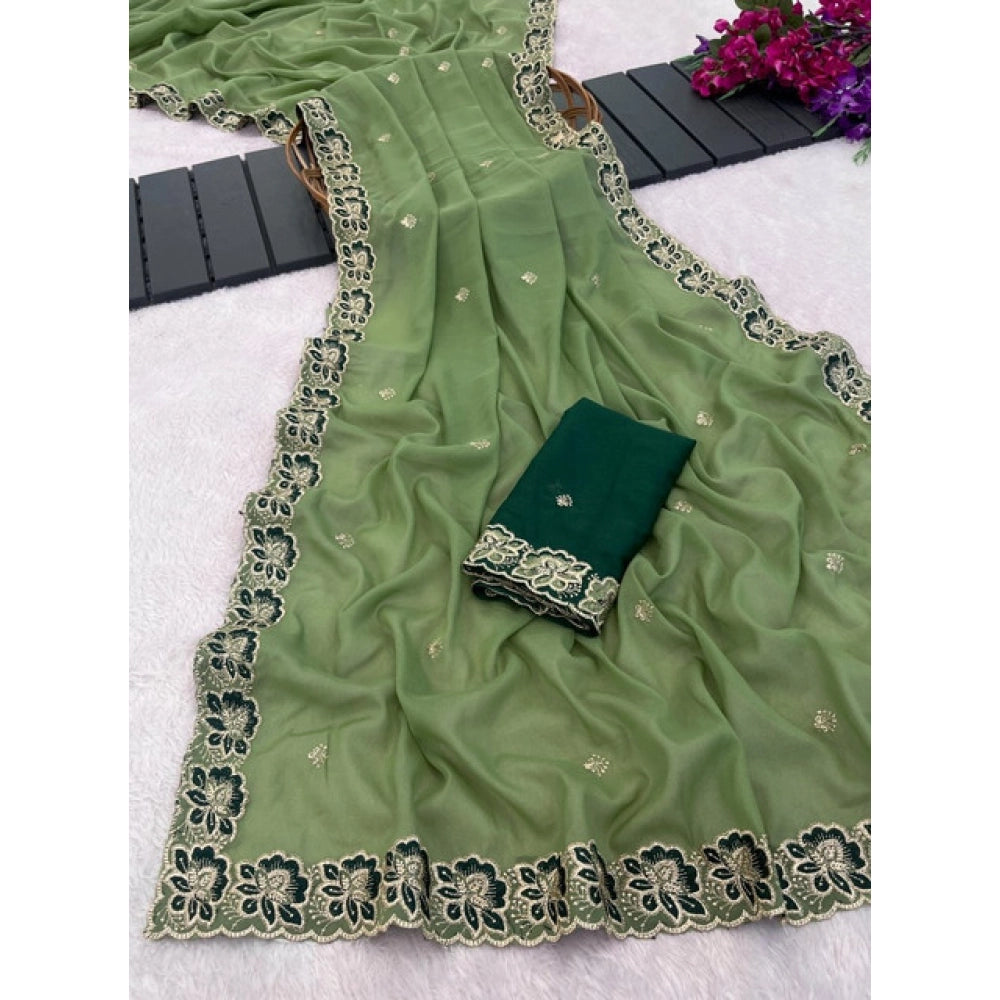 Generic Women's Star Georgette Embroidered Saree With Unstitched Blouse 5.5Mtr (Green)
