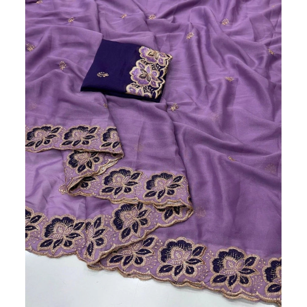 Generic Women's Star Georgette Embroidered Saree With Unstitched Blouse 5.5Mtr (Purple)
