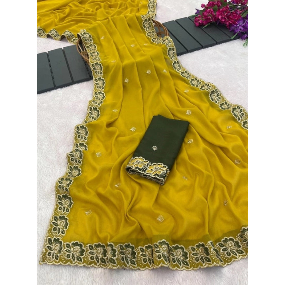 Generic Women's Star Georgette Embroidered Saree With Unstitched Blouse 5.5Mtr (Olive Green)