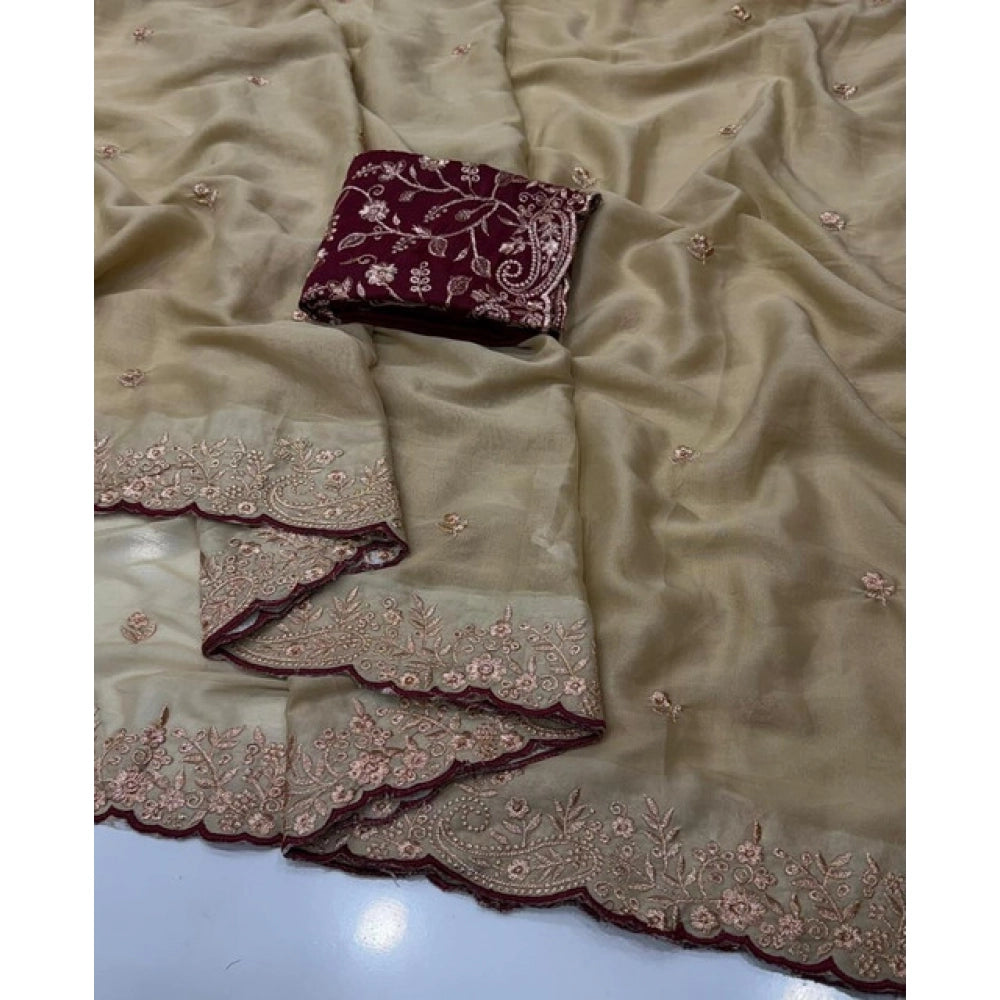 Generic Women's Star Georgette Embroidered Saree With Unstitched Blouse 5.5Mtr (Beige)