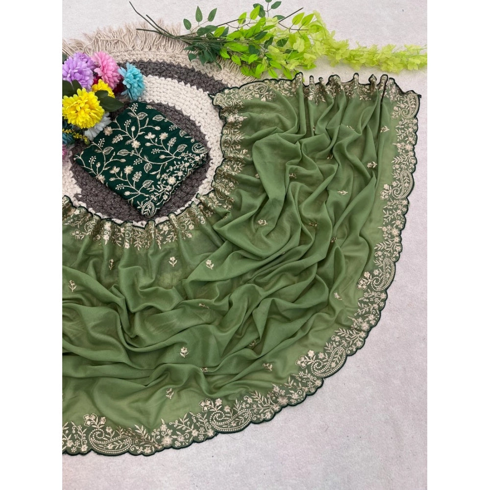 Generic Women's Star Georgette Embroidered Saree With Unstitched Blouse 5.5Mtr (Green)