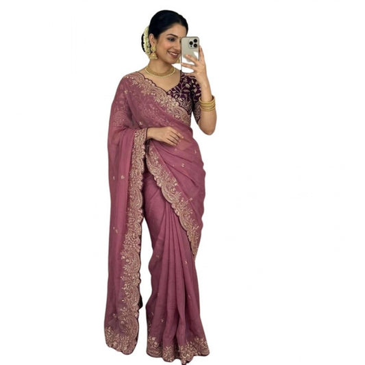 Generic Women's Star Georgette Embroidered Saree With Unstitched Blouse 5.5Mtr (Pink)