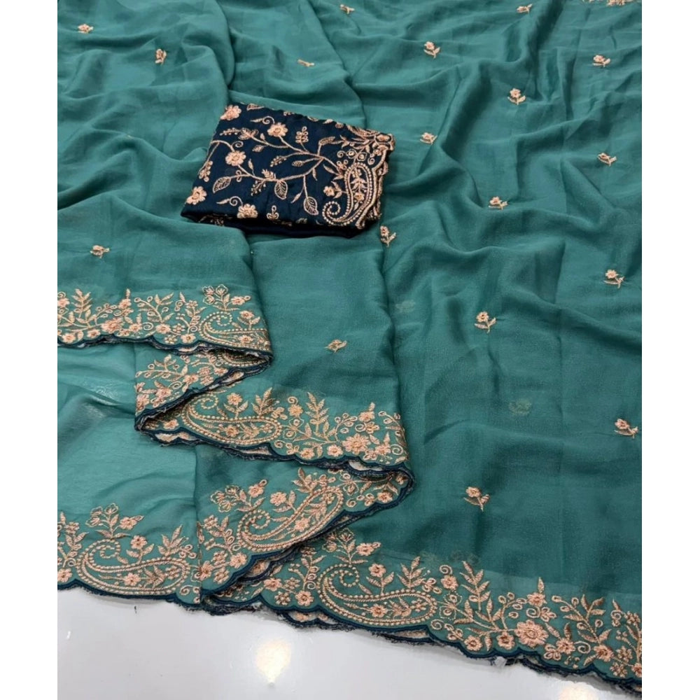 Generic Women's Star Georgette Embroidered Saree With Unstitched Blouse 5.5Mtr (Sea Green)