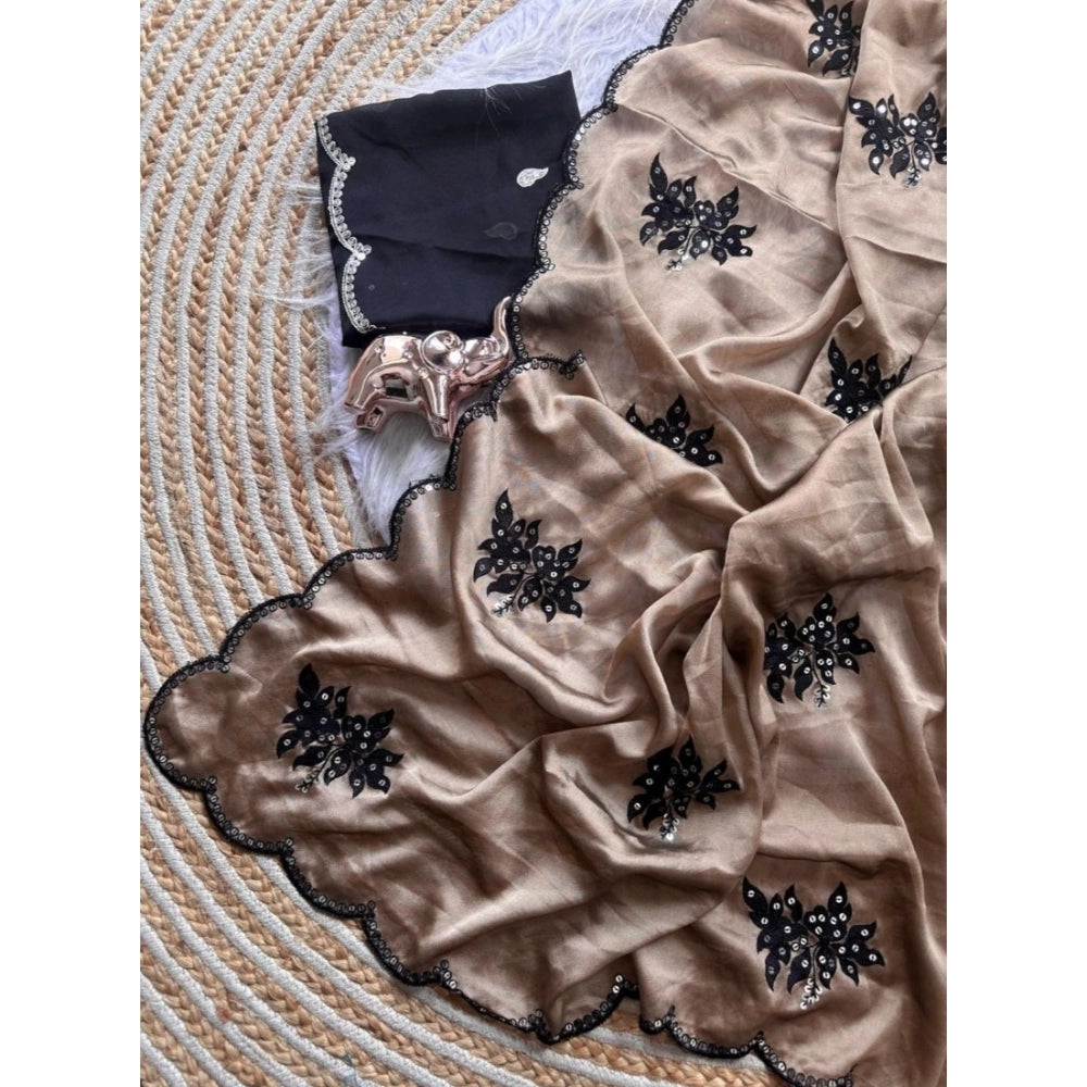 Generic Women's Viscose Silk Embroidered Saree With Unstitched Blouse 5.5Mtr (Beige)