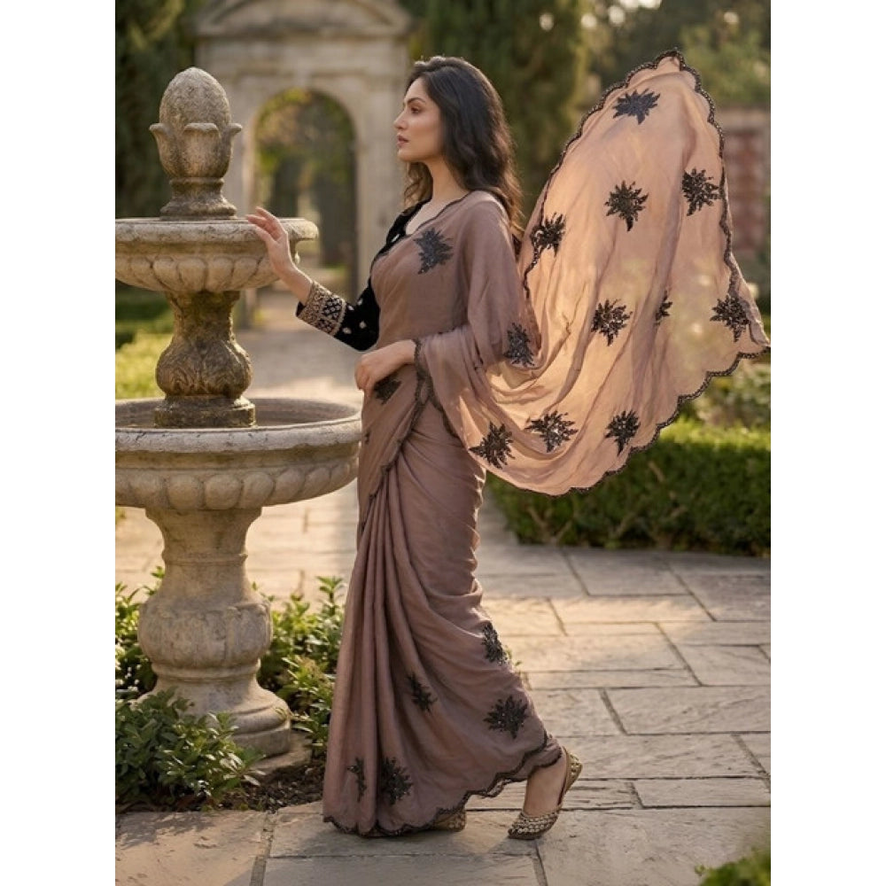 Generic Women's Viscose Silk Embroidered Saree With Unstitched Blouse 5.5Mtr (Brown)