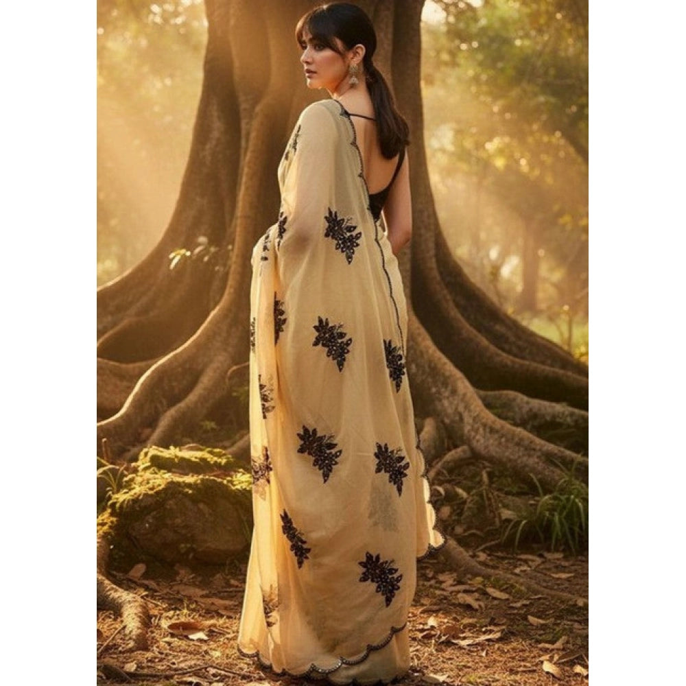 Generic Women's Viscose Silk Embroidered Saree With Unstitched Blouse 5.5Mtr (Beige)