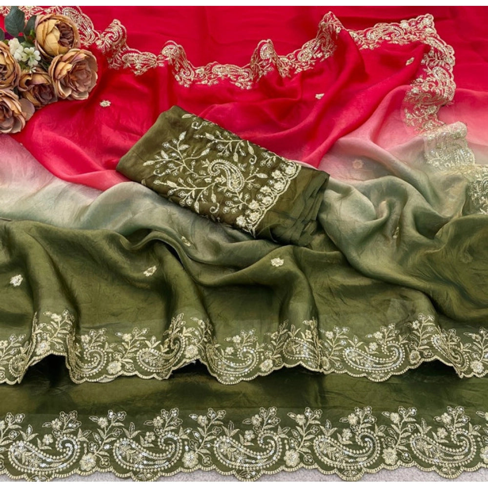 Generic Women's Satin Embellished Saree With Unstitched Blouse 5.5Mtr (Multicolor)