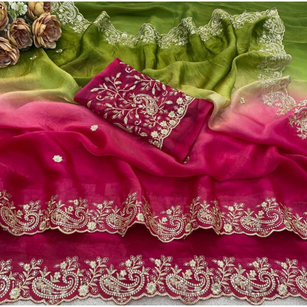 Generic Women's Satin Embellished Saree With Unstitched Blouse 5.5Mtr (Multicolor)