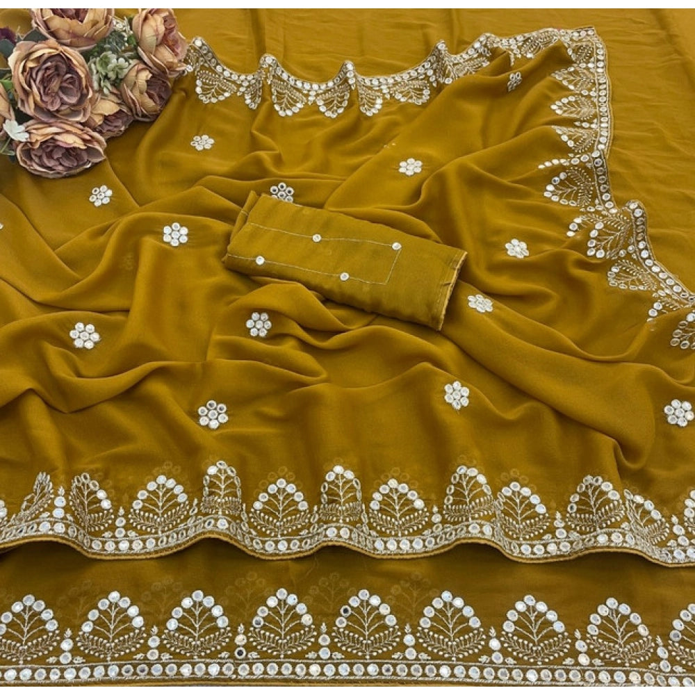 Generic Women's Georgette Embellished Saree With Unstitched Blouse 5.5Mtr (Mustard-Yellow)