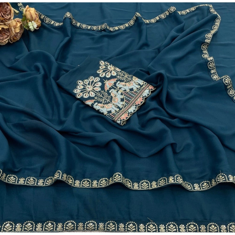 Generic Women's Art Silk Embroidered Saree With Unstitched Blouse 5.5Mtr (Blue)