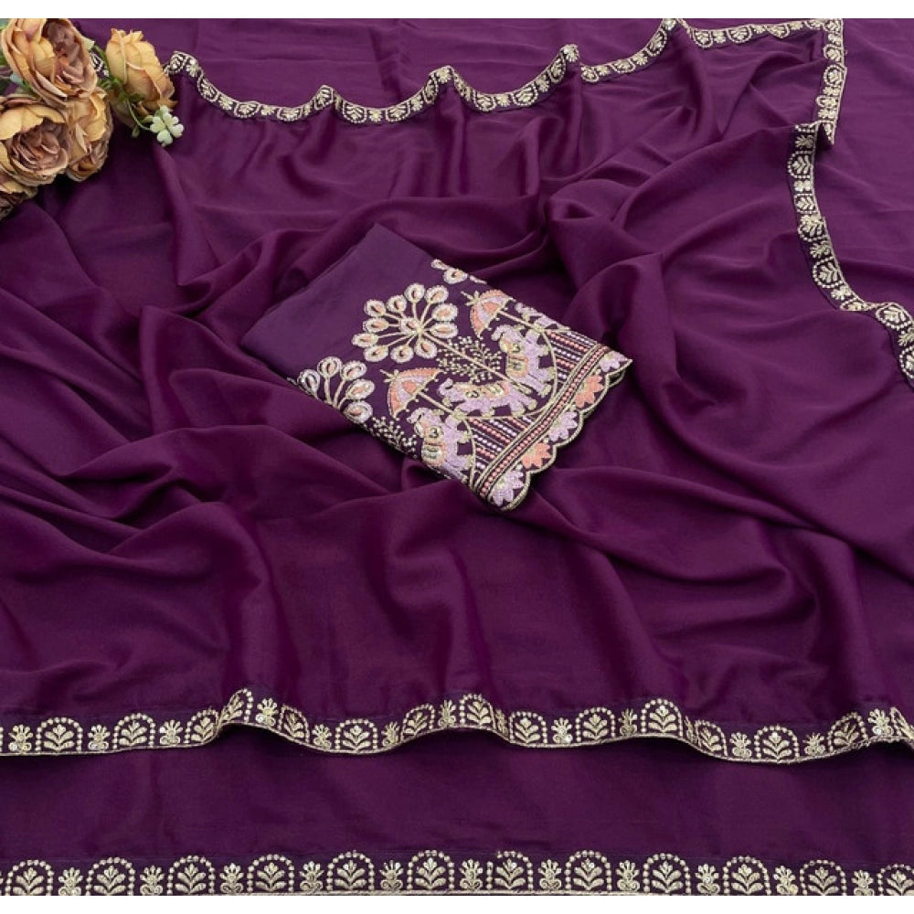 Generic Women's Art Silk Embroidered Saree With Unstitched Blouse 5.5Mtr (Purple)