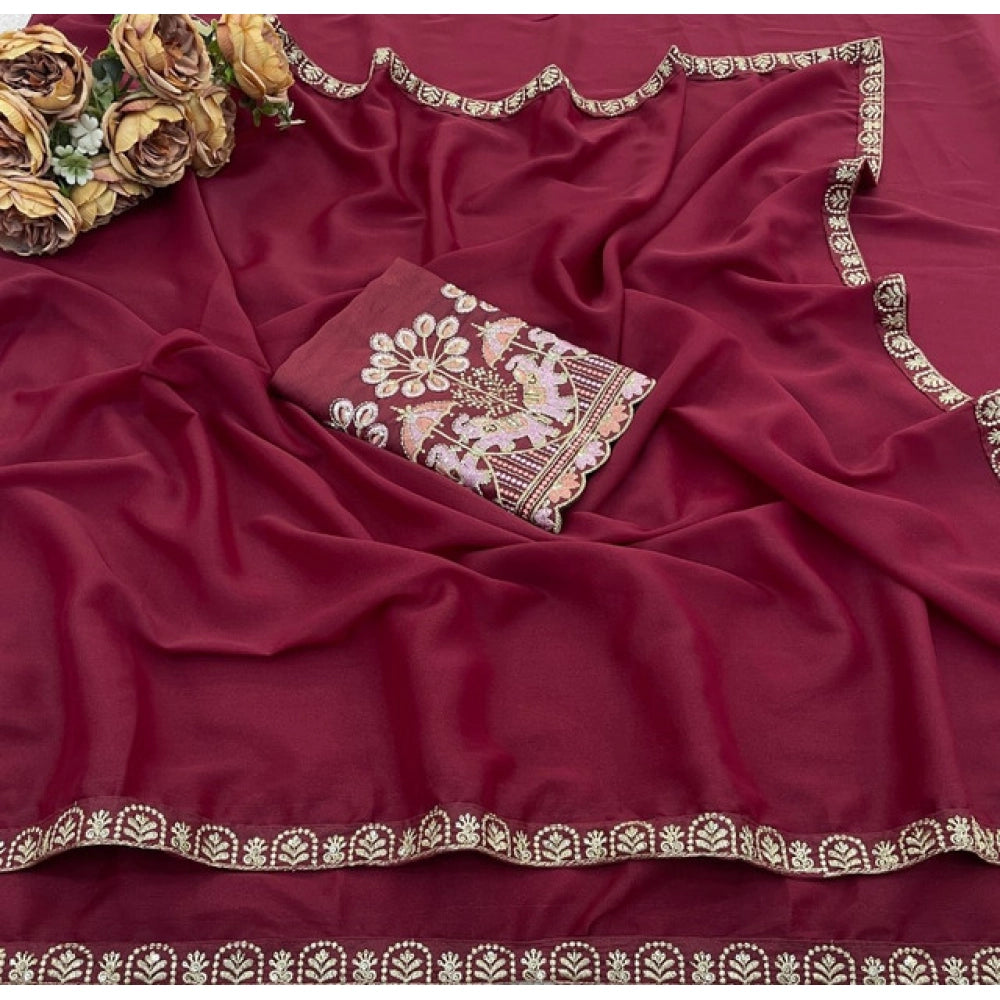 Generic Women's Art Silk Embroidered Saree With Unstitched Blouse 5.5Mtr (Maroon)
