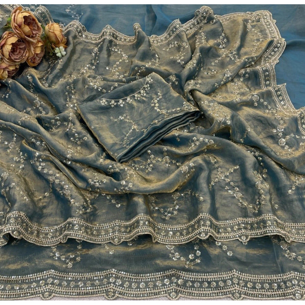 Generic Women's Silk Embellished Saree With Unstitched Blouse 5.5Mtr (Grey)