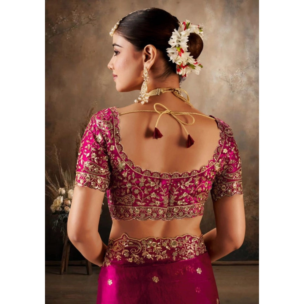 Generic Women's Silk Embroidered Saree With Unstitched Blouse 5.5Mtr (Pink)